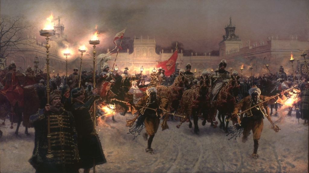 Kadr z animacji obrazu Józefa Brandta, Wyjazd z Wilanowa Jana III i Marysieńki Sobieskich