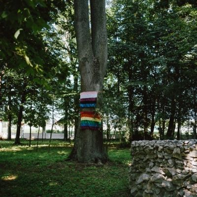 Wernisaż 9 Triennale Młodych,park, na drzewie zawieszona flaga w tęczowych kolorach oplatająca konar drzewa - Zdjęcie udostępnione dzięki uprzejmości p. Piotra Czyża